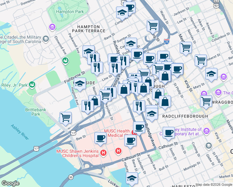 map of restaurants, bars, coffee shops, grocery stores, and more near 9 Kracke Street in Charleston