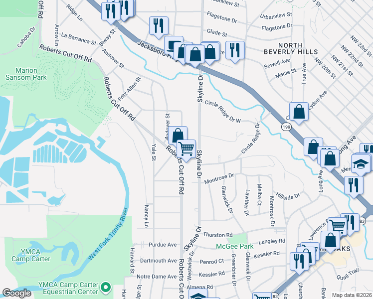 map of restaurants, bars, coffee shops, grocery stores, and more near 2012 Castleberry Cut Off Road in Fort Worth