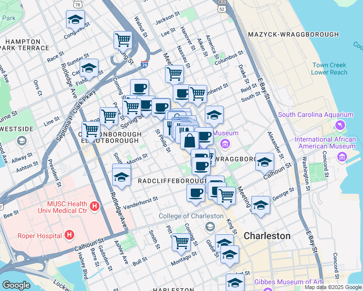 map of restaurants, bars, coffee shops, grocery stores, and more near 499 King Street in Charleston