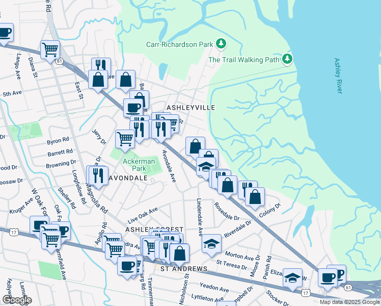map of restaurants, bars, coffee shops, grocery stores, and more near 4 Penn Avenue in Charleston