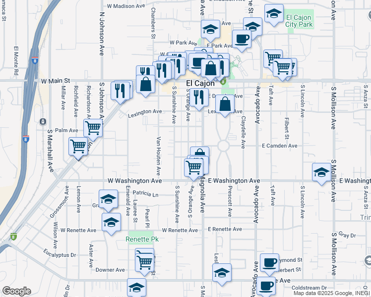 map of restaurants, bars, coffee shops, grocery stores, and more near 518 South Orange Avenue in El Cajon
