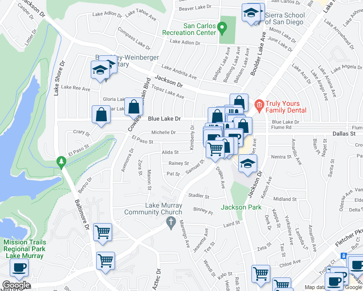map of restaurants, bars, coffee shops, grocery stores, and more near 7995 El Paso Street in La Mesa