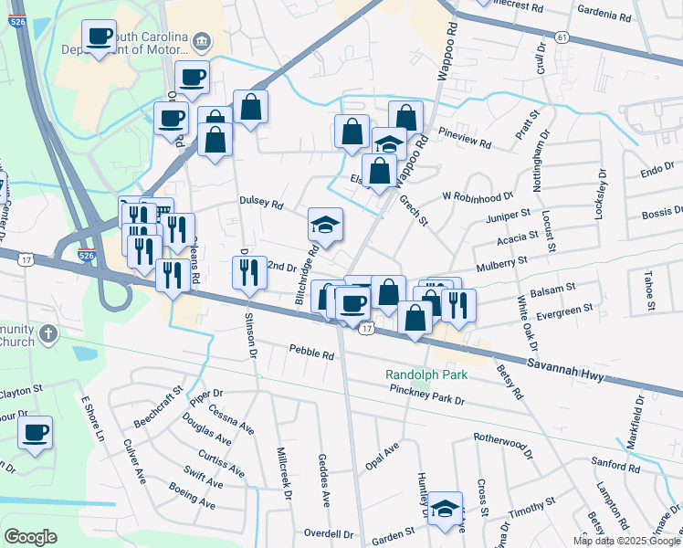map of restaurants, bars, coffee shops, grocery stores, and more near 1804 2nd Drive in Charleston
