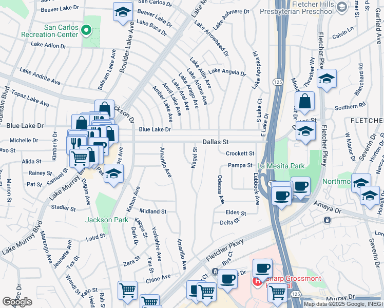 map of restaurants, bars, coffee shops, grocery stores, and more near 6148 Nagel Street in La Mesa