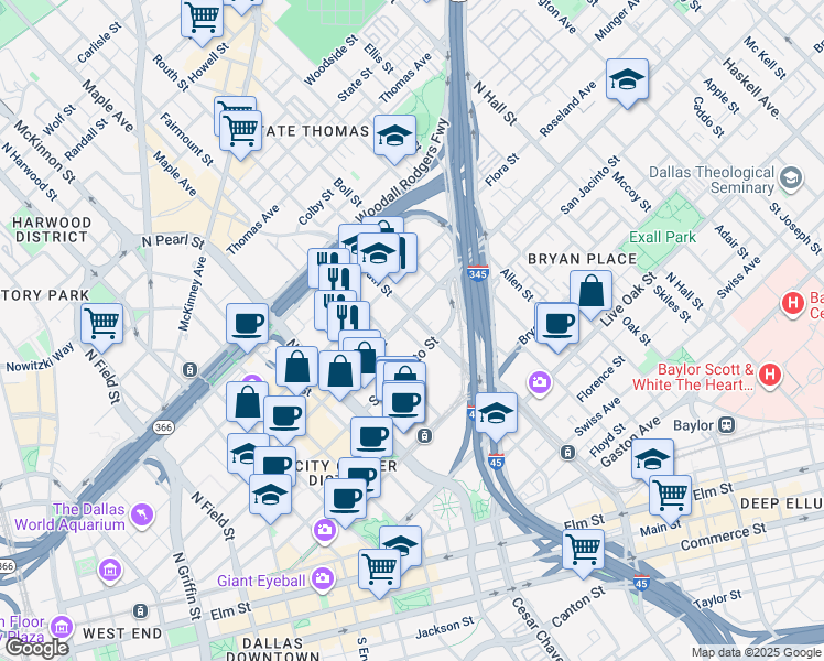 map of restaurants, bars, coffee shops, grocery stores, and more near in Dallas