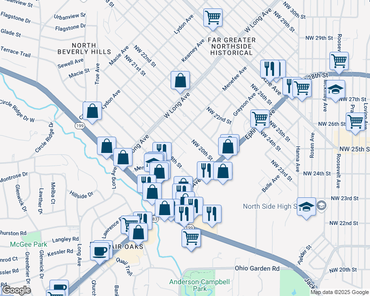 map of restaurants, bars, coffee shops, grocery stores, and more near 2516 Northwest 19th Street in Fort Worth
