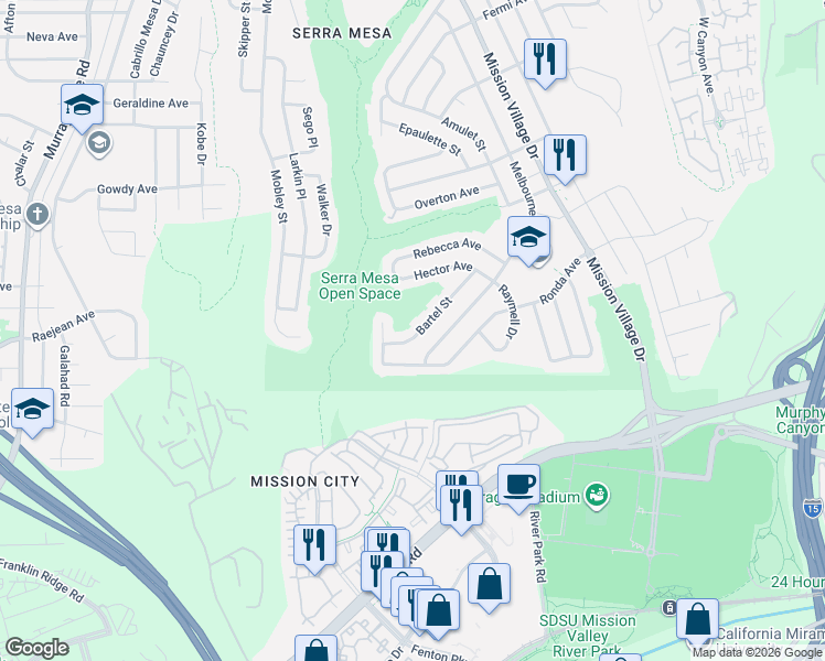 map of restaurants, bars, coffee shops, grocery stores, and more near 2473 Bartel Street in San Diego