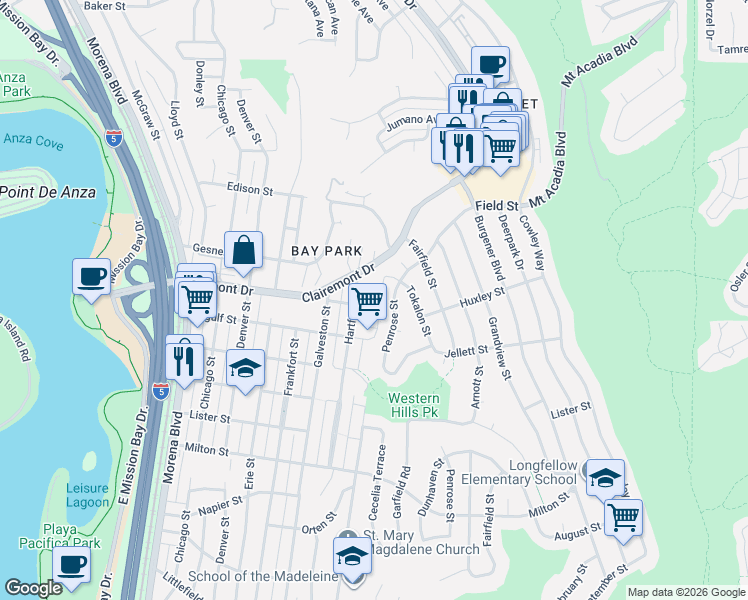 map of restaurants, bars, coffee shops, grocery stores, and more near 2715 Morava Place in San Diego