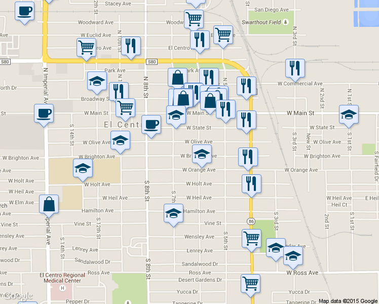 map of restaurants, bars, coffee shops, grocery stores, and more near 630 West Brighton Avenue in El Centro