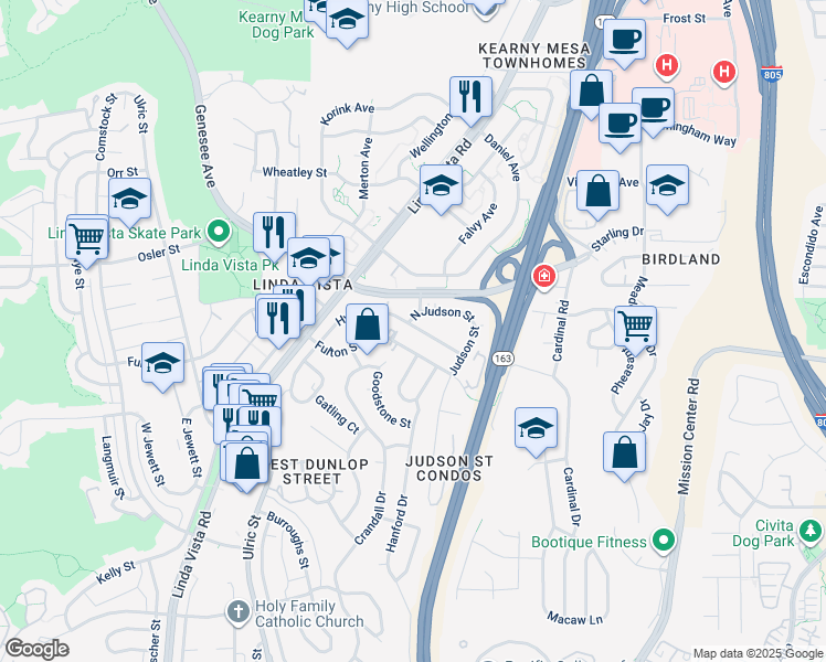 map of restaurants, bars, coffee shops, grocery stores, and more near 7405 Hyatt Street in San Diego