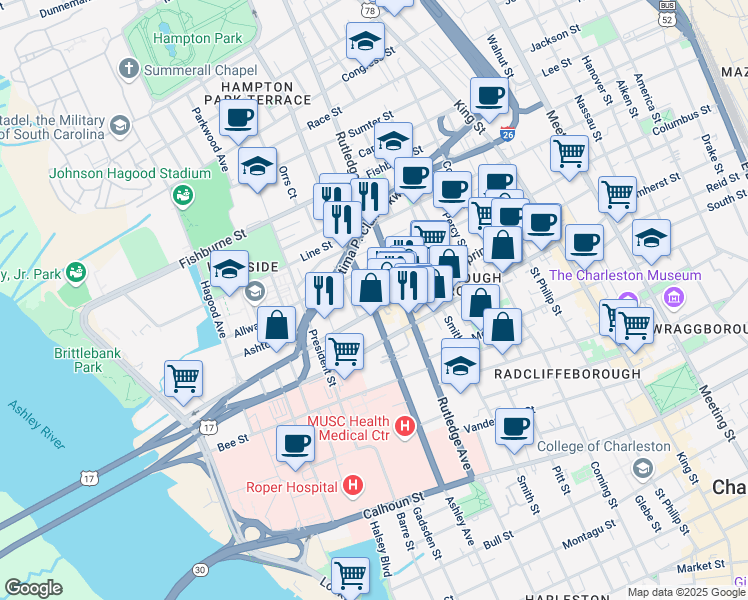 map of restaurants, bars, coffee shops, grocery stores, and more near 234 Ashley Avenue in Charleston
