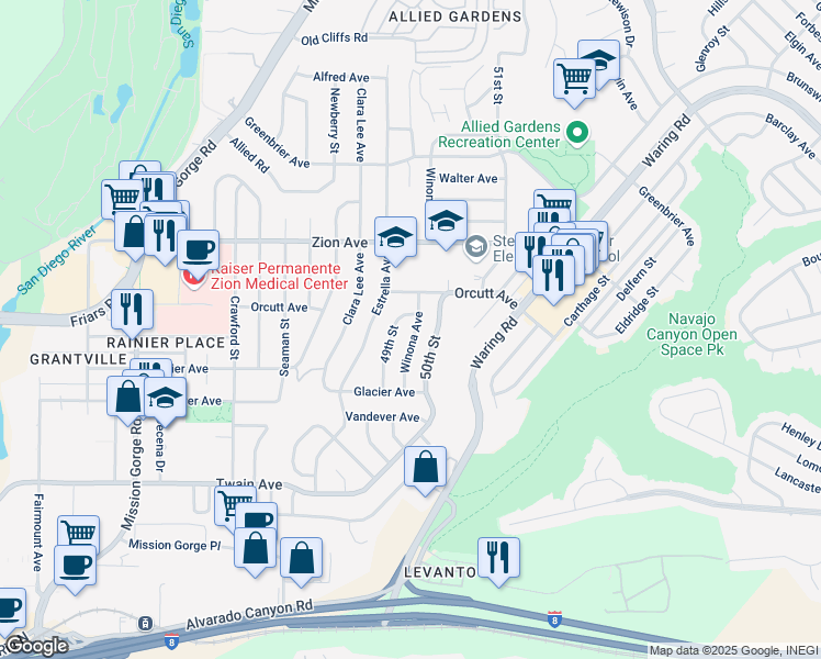 map of restaurants, bars, coffee shops, grocery stores, and more near 6416 Winona Avenue in San Diego