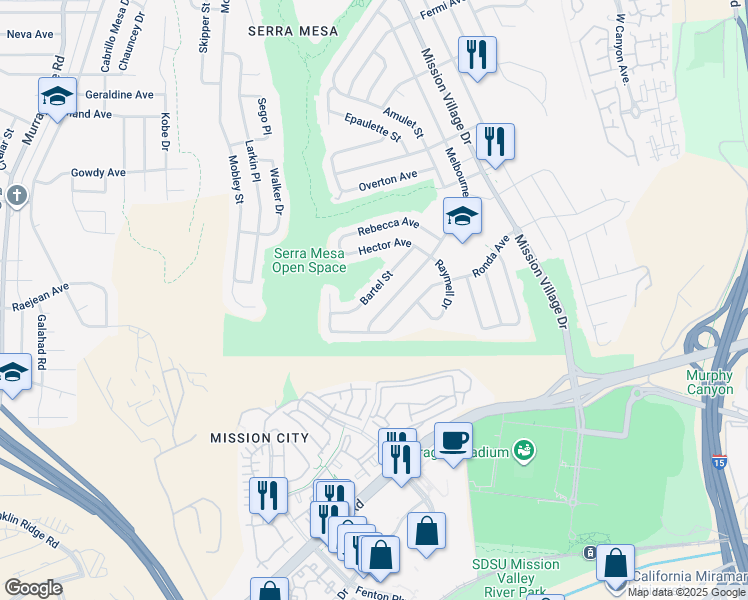 map of restaurants, bars, coffee shops, grocery stores, and more near 2473 Bartel Street in San Diego