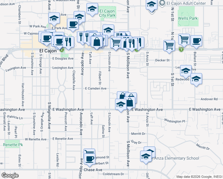map of restaurants, bars, coffee shops, grocery stores, and more near 713 East Camden Avenue in El Cajon