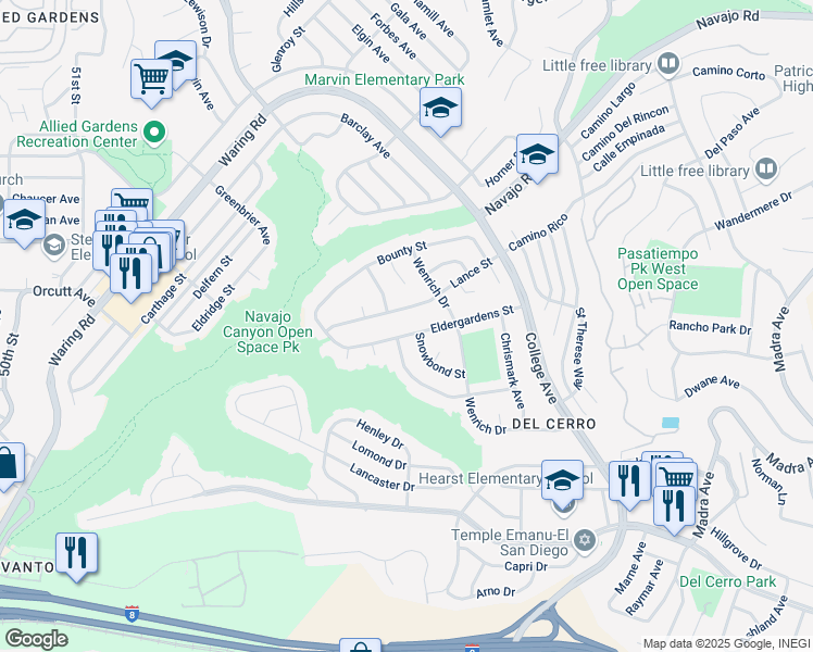 map of restaurants, bars, coffee shops, grocery stores, and more near 5814 Eldergardens Street in San Diego