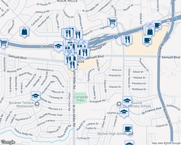 map of restaurants, bars, coffee shops, grocery stores, and more near 6324 Symphony Lane in Dallas