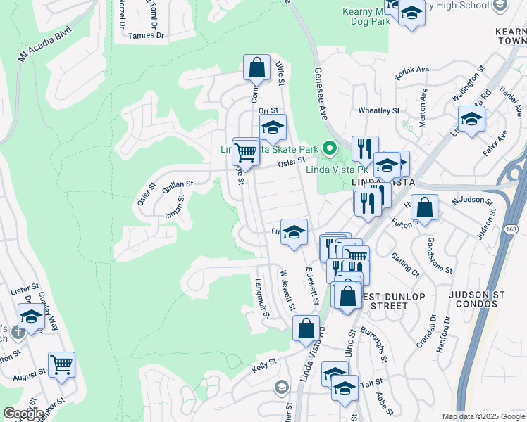 map of restaurants, bars, coffee shops, grocery stores, and more near Thomson Court in San Diego