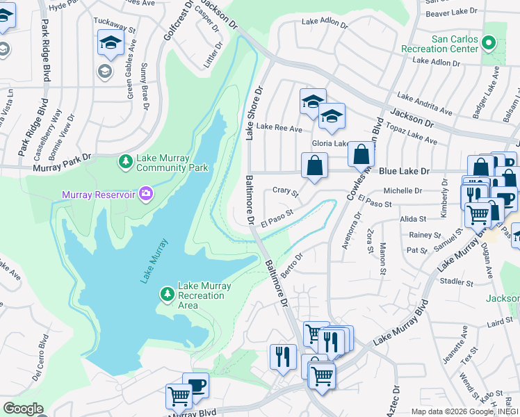 map of restaurants, bars, coffee shops, grocery stores, and more near 6130 Haas Street in La Mesa