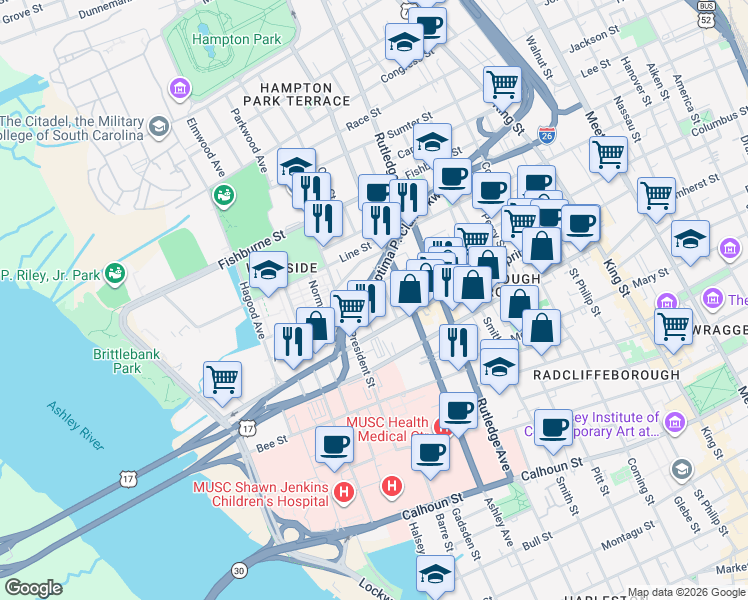 map of restaurants, bars, coffee shops, grocery stores, and more near 6 Rosemont Street in Charleston