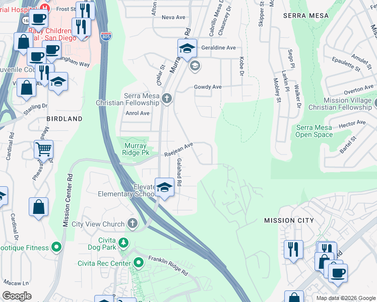 map of restaurants, bars, coffee shops, grocery stores, and more near 2472 Greyling Drive in San Diego