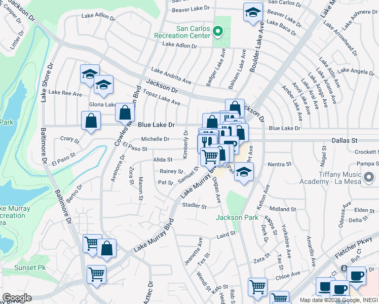 map of restaurants, bars, coffee shops, grocery stores, and more near 6145 Kimberly Drive in La Mesa
