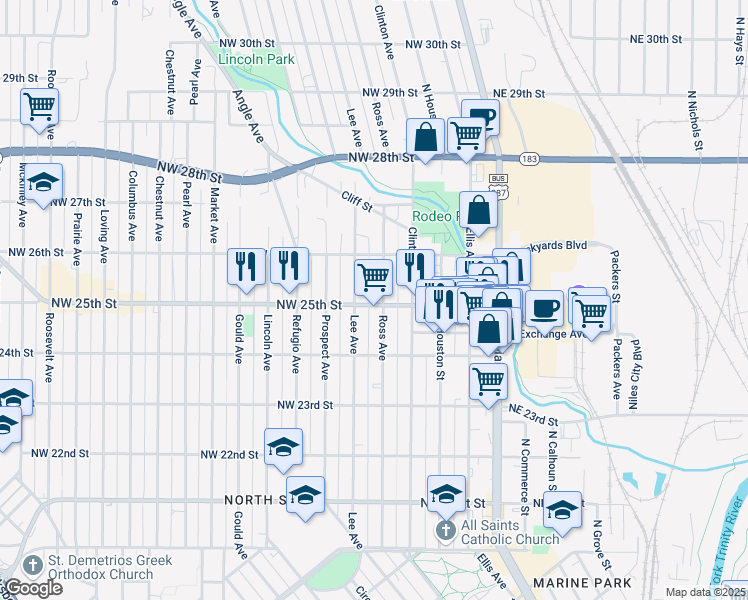 map of restaurants, bars, coffee shops, grocery stores, and more near 502 Northwest 25th Street in Fort Worth