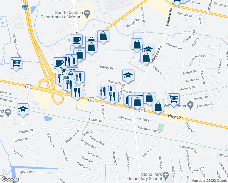 map of restaurants, bars, coffee shops, grocery stores, and more near 1915 2nd Drive in Charleston
