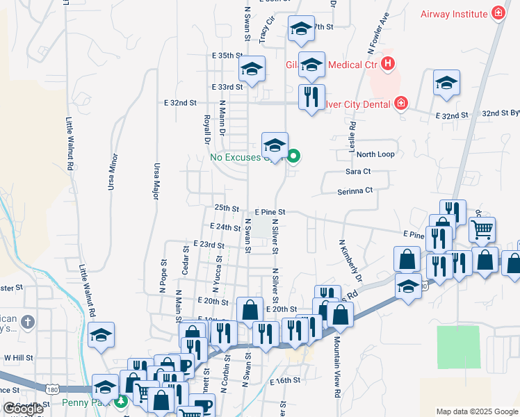 map of restaurants, bars, coffee shops, grocery stores, and more near 621 East Pine Street in Silver City