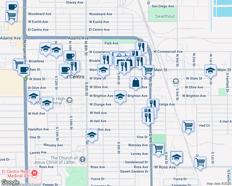 map of restaurants, bars, coffee shops, grocery stores, and more near 340 South 6th Street in El Centro