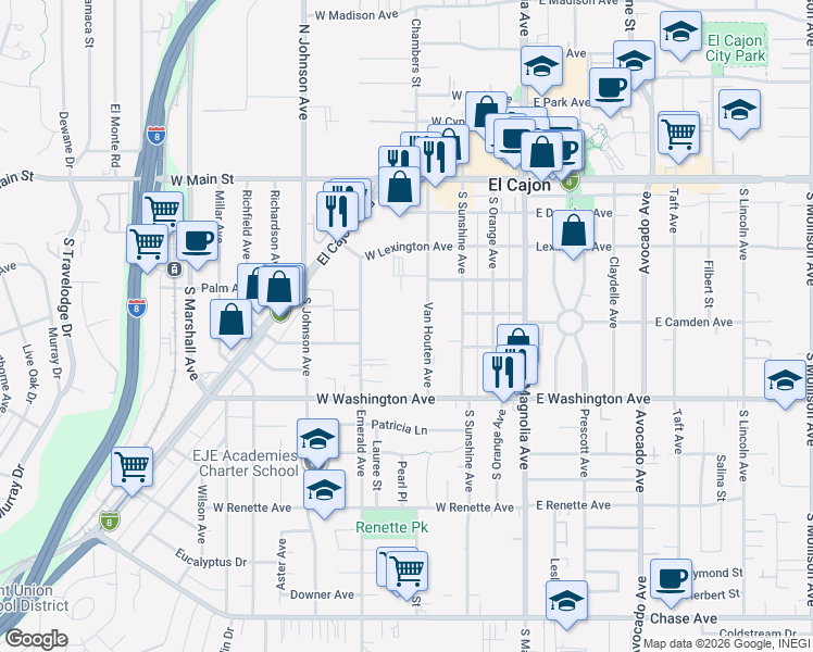 map of restaurants, bars, coffee shops, grocery stores, and more near 478 Van Houten Avenue in El Cajon