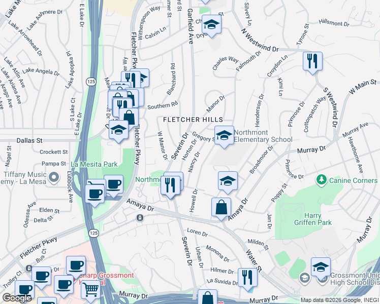map of restaurants, bars, coffee shops, grocery stores, and more near 6130 Nancy Drive in La Mesa
