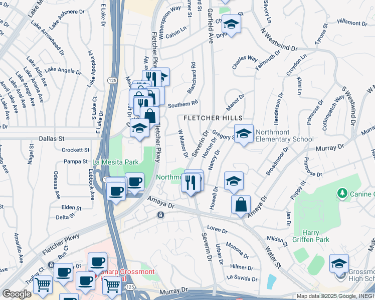 map of restaurants, bars, coffee shops, grocery stores, and more near 6116 West Manor Drive in La Mesa