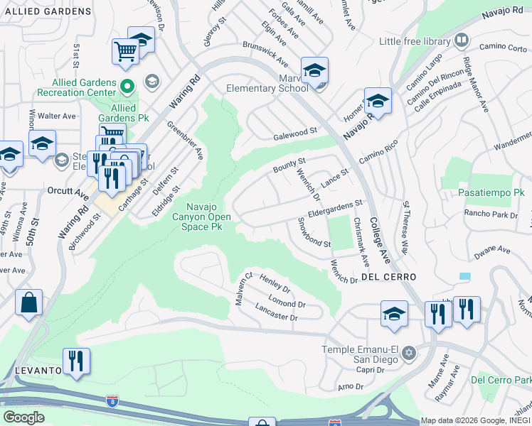 map of restaurants, bars, coffee shops, grocery stores, and more near 5763 Lance Street in San Diego