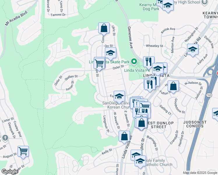 map of restaurants, bars, coffee shops, grocery stores, and more near 6737 Thomson Court in San Diego