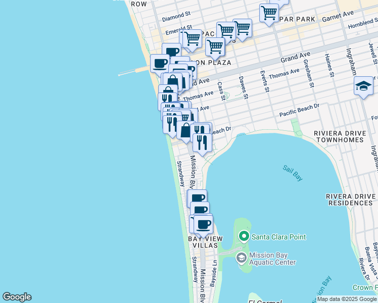 map of restaurants, bars, coffee shops, grocery stores, and more near 3996 Mission Boulevard in San Diego