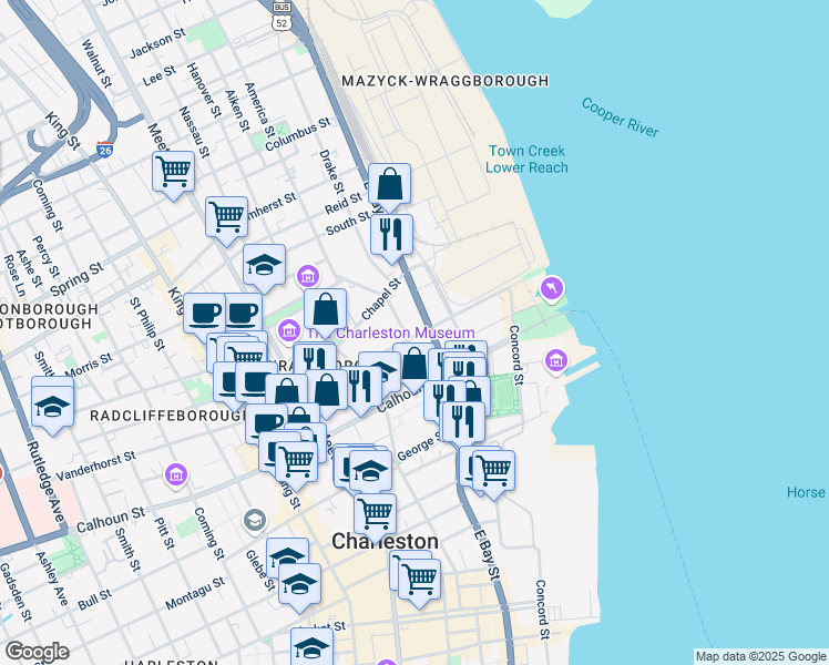 map of restaurants, bars, coffee shops, grocery stores, and more near 78 Alexander Street in Charleston