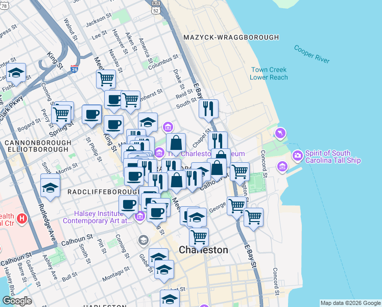 map of restaurants, bars, coffee shops, grocery stores, and more near in Charleston