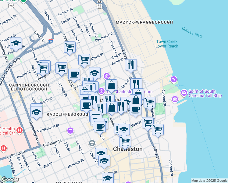 map of restaurants, bars, coffee shops, grocery stores, and more near in Charleston