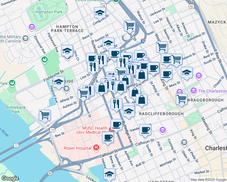 map of restaurants, bars, coffee shops, grocery stores, and more near 229 Rutledge Avenue in Charleston