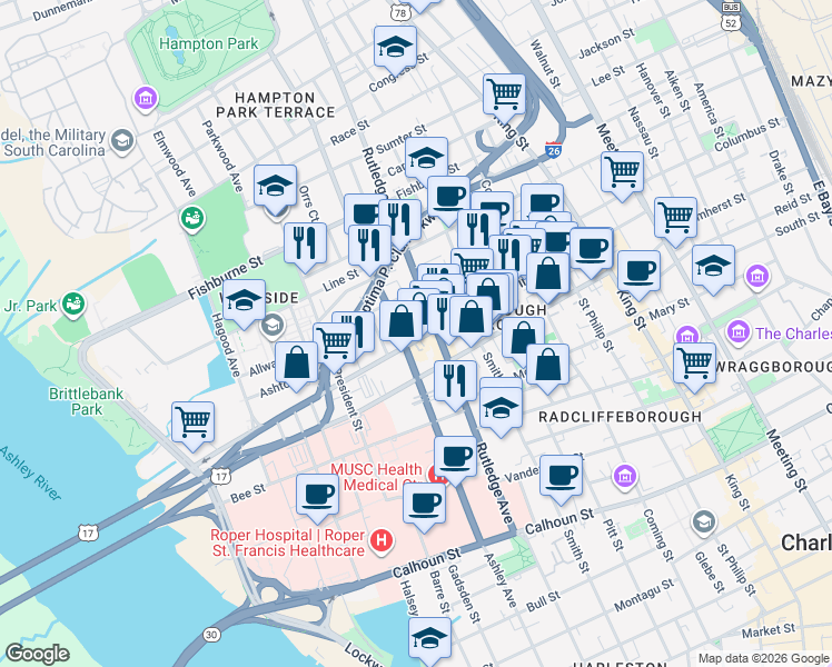 map of restaurants, bars, coffee shops, grocery stores, and more near in Charleston