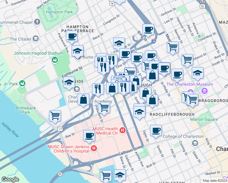 map of restaurants, bars, coffee shops, grocery stores, and more near in Charleston