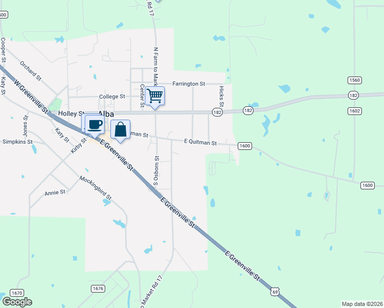 map of restaurants, bars, coffee shops, grocery stores, and more near Quitman Rd in Alba