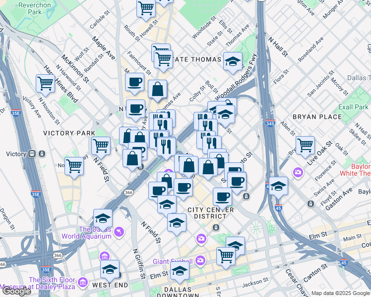 map of restaurants, bars, coffee shops, grocery stores, and more near 1900 North Pearl Street in Dallas