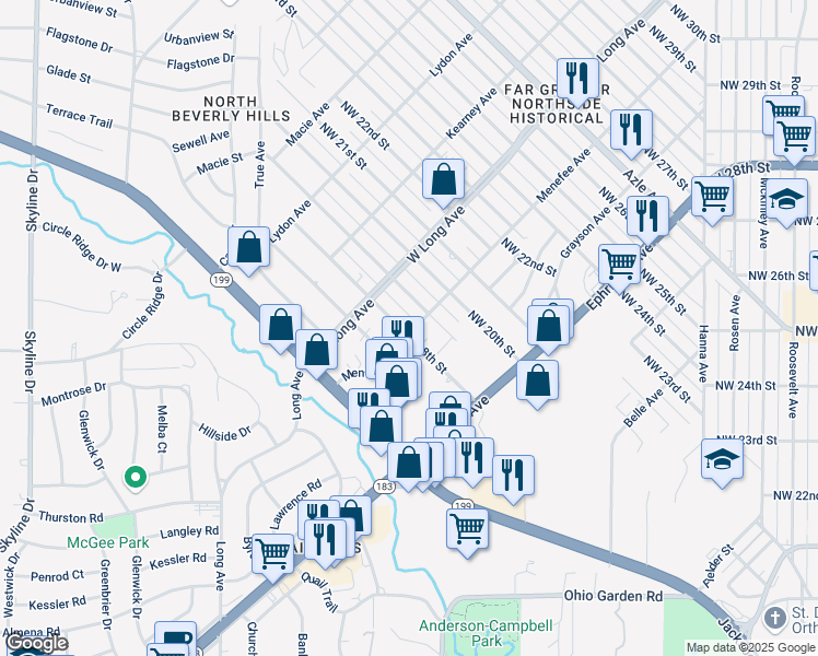 map of restaurants, bars, coffee shops, grocery stores, and more near 2524 Northwest 18th Street in Fort Worth