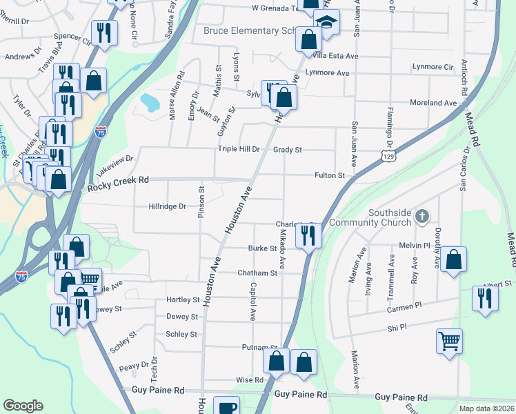 map of restaurants, bars, coffee shops, grocery stores, and more near 938 Troupe Street in Macon