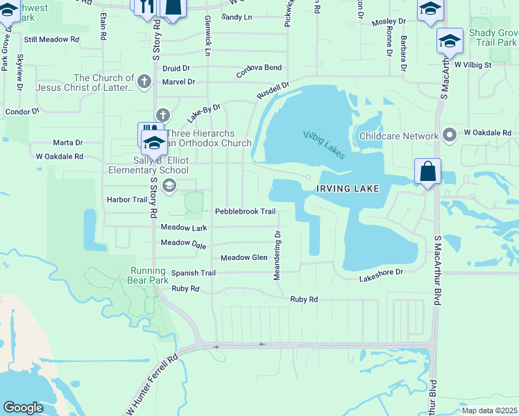 map of restaurants, bars, coffee shops, grocery stores, and more near 2021 Pebblebrook Trail in Irving