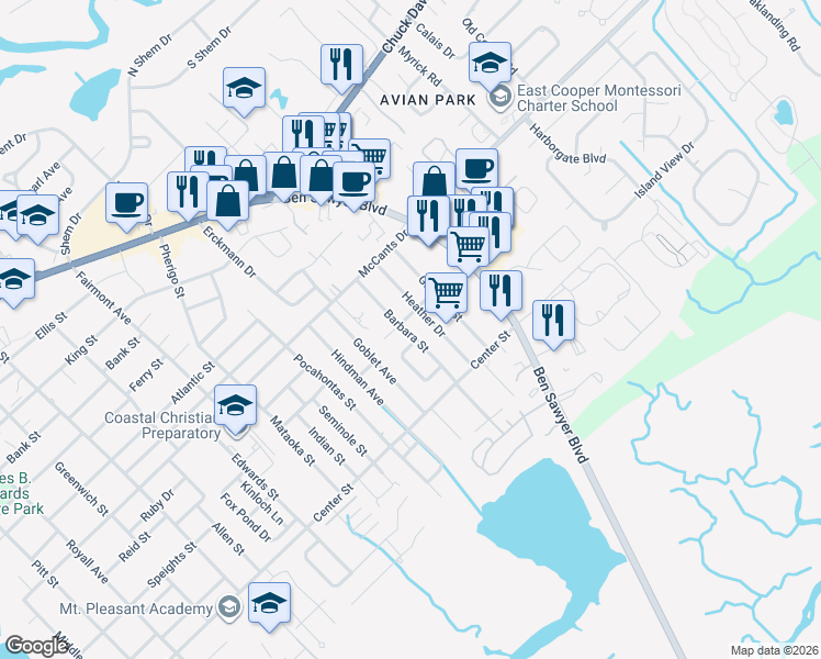 map of restaurants, bars, coffee shops, grocery stores, and more near 1445 Barbara Street in Mount Pleasant