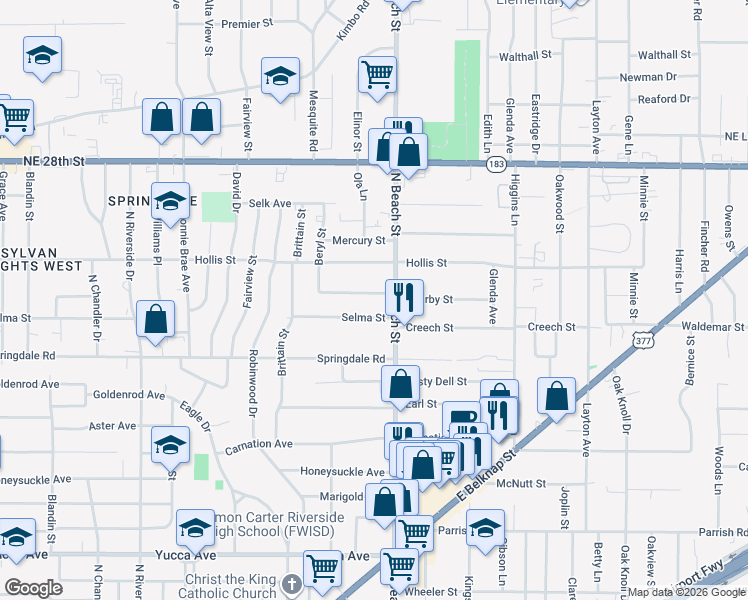 map of restaurants, bars, coffee shops, grocery stores, and more near 3836 Kearby Street in Haltom City