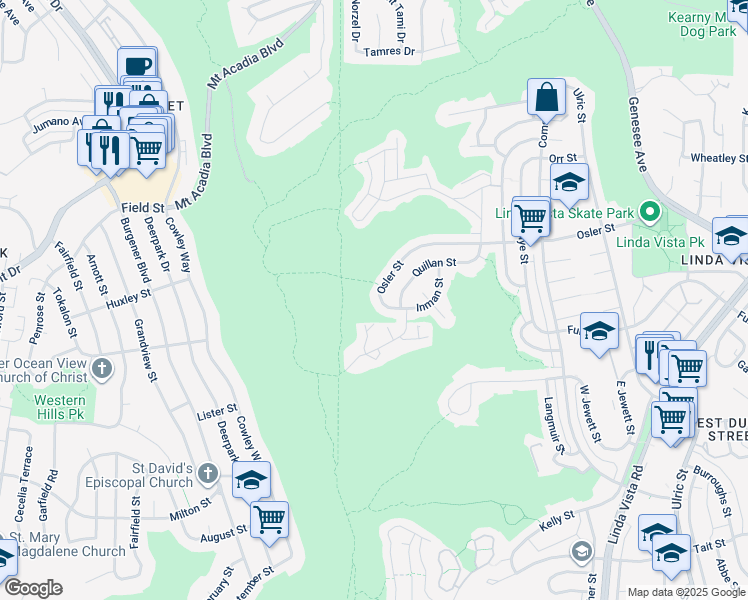 map of restaurants, bars, coffee shops, grocery stores, and more near 6240 Osler Street in San Diego