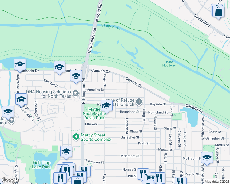map of restaurants, bars, coffee shops, grocery stores, and more near 1938 Angelina Drive in Dallas